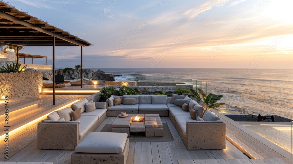 Fototapeta premium A stylish beach villa with a rooftop terrace for lounging and enjoying sweeping views of the coastline