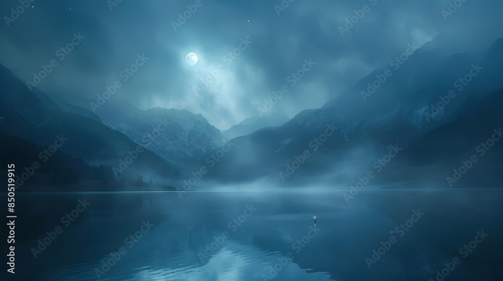 Fototapeta premium Diwali essence with misty mountains and moonlit glow creates enchantment backdrop