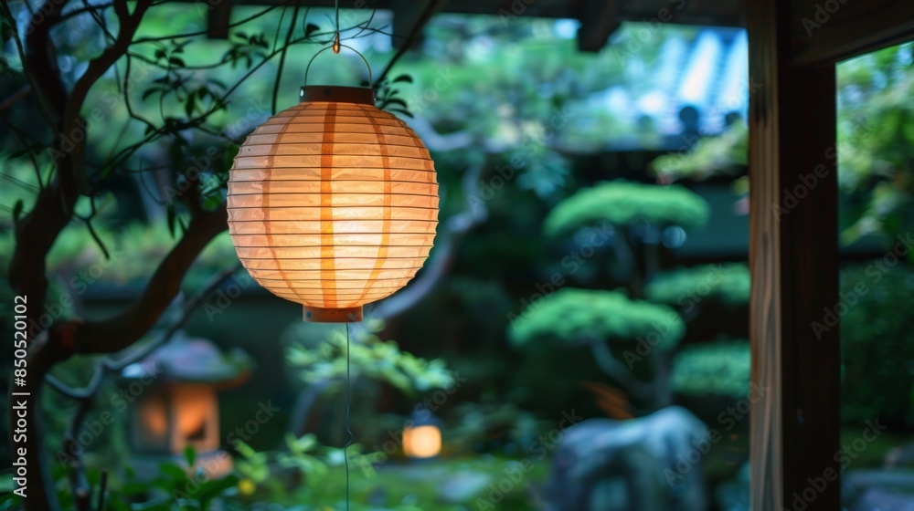 A traditional Japanese paper lantern hanging in a serene Zen garden, softly illuminating the tranquil space A traditional Japanese paper lantern hanging in a serene Zen garden, softly illuminating the tranquil space