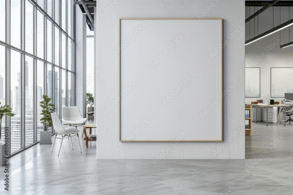 Mockup of blank wall with poster in office room created with Generative AI Mockup of blank wall with poster in office room created with Generative AI