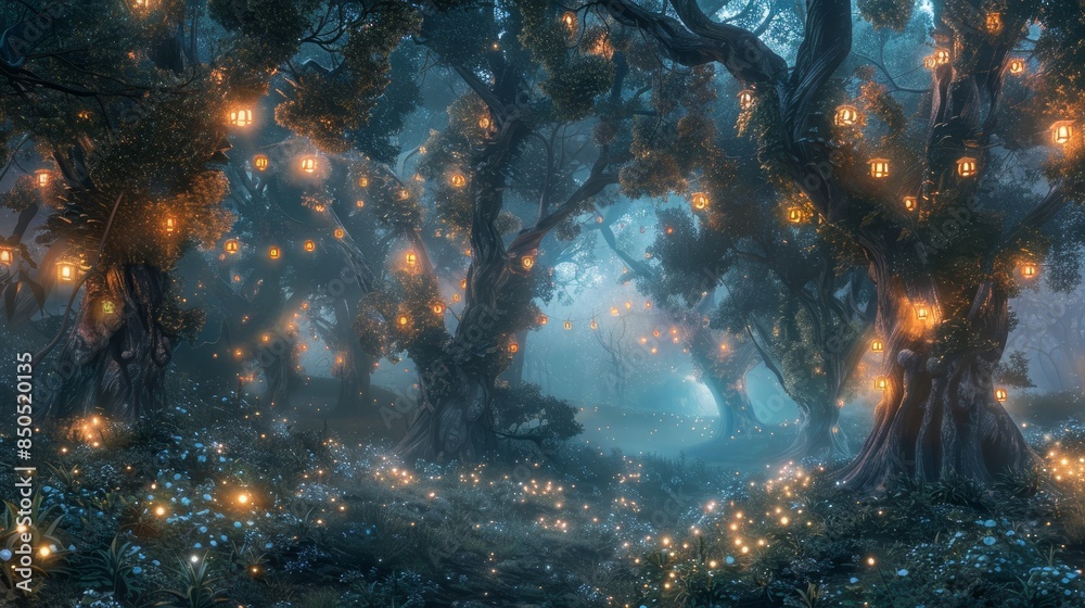 Mystical forest with bioluminescent glow mist drifting through ancient ...