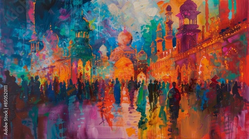 Fototapeta Naklejka Na Ścianę i Meble -  Vibrant colors and bold brushstrokes create dynamic Diwali interpretation backdrop