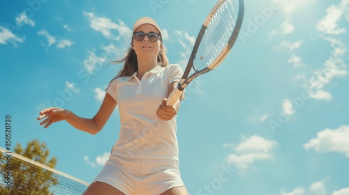 Woman tennis player in action on a sunny day, wearing white sportswear and sunglasses. © Yury