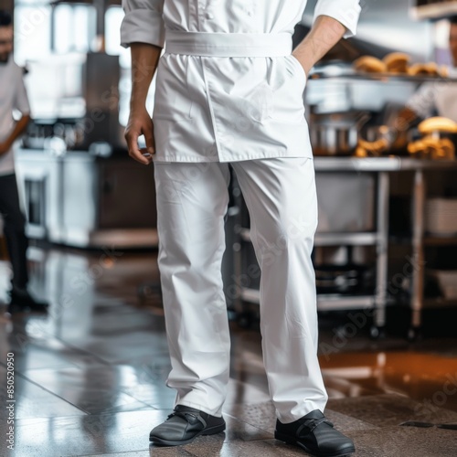 A chef's uniform with chef pants that have elasticized waistbands for a comfortable fit. Job ID: ada11a7b-a41d-4461-8803-1aee3c08deb0 photo