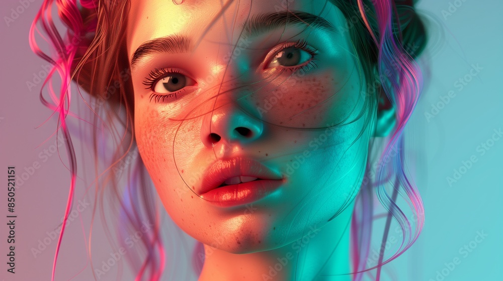 A Gen-Z style girl face, illuminated by neon lights, representing the ...