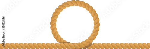 Realistic beige rope looped circle isolated white background. Strong fiber cord forming loop hanging lifting. Durable twisted rope loop graphic element illustration