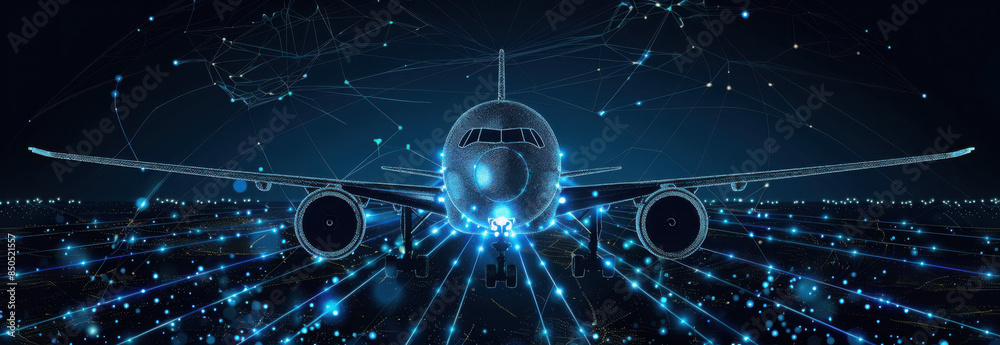 Obraz premium A digital rendering of an airplane taking off against a dark background with glowing blue lines