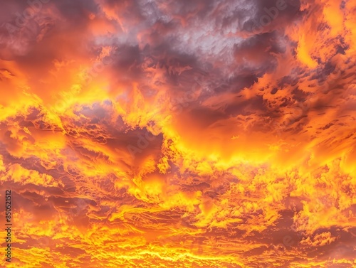 Fiery sky with intense cloud formations - A vibrant, fiery sky filled with dynamic cloud patterns and intense orange and red hues, evoking a sense of wonder