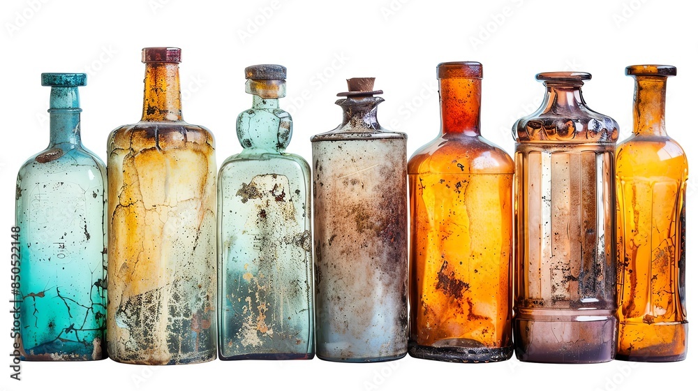 Collection of antique glass bottles with various shapes and colors, isolated on white background, showcasing vintage charm. Collection of antique glass bottles with various shapes and colors, isolated on white background, showcasing vintage charm.