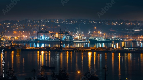 A bustling trade port illuminated by the glow of artificial lights at night, revealing the ceaseless activity of cranes and ships amidst the darkness