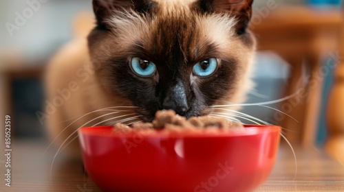 Close-up of a curious Siamese cat sniffing at a bowl of freshly served cat treats