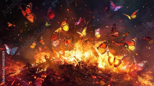 Butterflies soaring up from a bonfire - Numerous orange and yellow butterflies rise above a small, intense fire surrounded by darkness