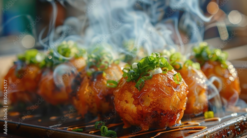 Close-up of freshly cooked and steaming takoyaki topped with green onions, showcasing the delicious Japanese street food. Close-up of freshly cooked and steaming takoyaki topped with green onions, showcasing the delicious Japanese street food.