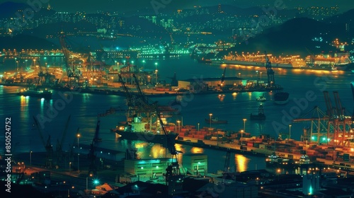 A bustling trade port illuminated by the glow of artificial lights at night, showcasing the relentless activity of cranes and ships amidst a backdrop of darkness © Lyell