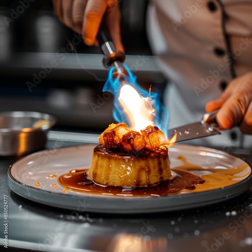 A chef using a blowtorch to caramelize the top of a dessert. 