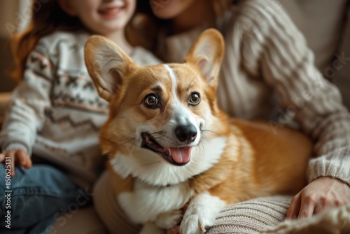 Welcoming Corgi with Smiling Family on Cozy Evening © NS
