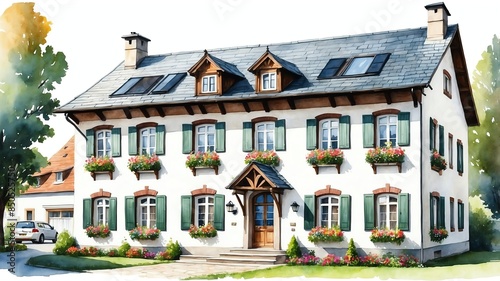 traditional house in germany watercolor painting front facade exterior on plain white background art