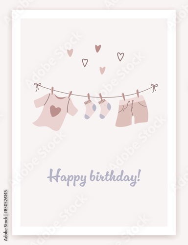 Сute birthday trendy greeting card in flat design. Illustration of baby clothes on a clothesline. Сhildren's magic party poster, banner or invitation. Cartoon design. Vector illustration.
