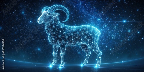 A digital artwork of a ram constellation made from stardust in the spring sky, created using generative technology, Aries © tammanoon
