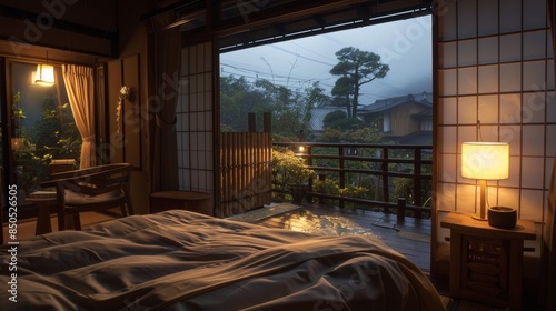 night, A bedroom with an open balcony overlooking the building and garden, The bed is covered by beige sheets, and on one side sits a wooden chair next to a table lamp