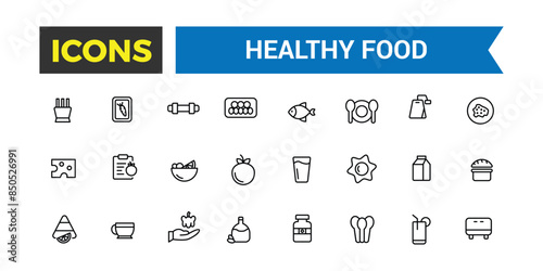 Healthy Food Icon Set. Halal Food icon collection. Outline icons pack.