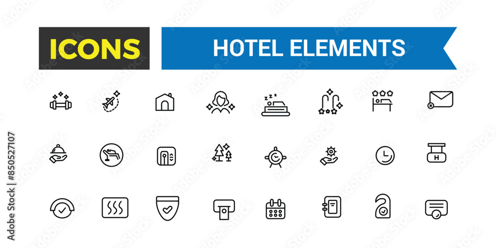 Hotel elements icon set. outline icons pack. Editable vector icon and illustration. Hotel elements icon set. outline icons pack. Editable vector icon and illustration.