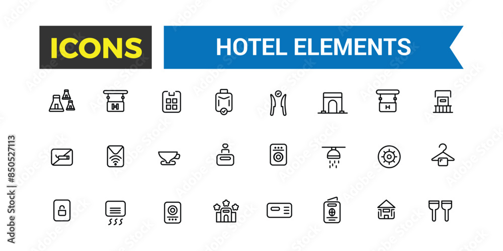 Hotel elements icon set. outline icons pack. Editable vector icon and illustration. Hotel elements icon set. outline icons pack. Editable vector icon and illustration.