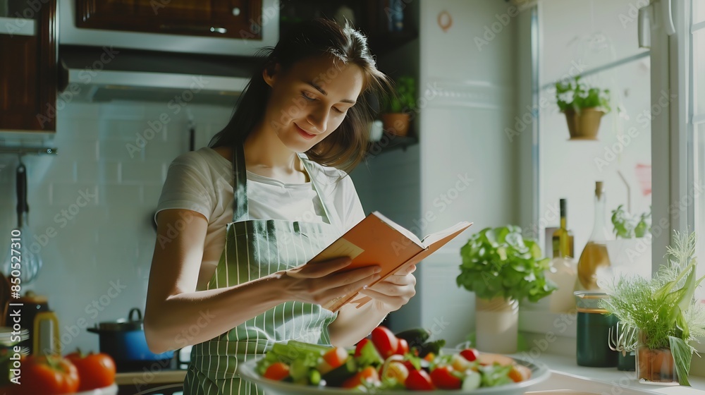 Funny housewife woman looking at recipe in cookery book preparing vegetable salad cooking food in light kitchen at home Dieting healthy lifestyle concept : Generative AI Funny housewife woman looking at recipe in cookery book preparing vegetable salad cooking food in light kitchen at home Dieting healthy lifestyle concept : Generative AI