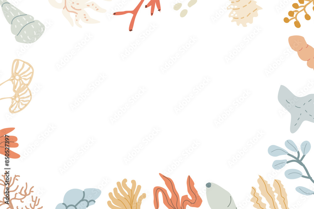 Cute marine frame with sea animals, shell, dolphin and other ocean inhabitants. Nursery pastel design. Childrens sea animals background. Cute marine frame with sea animals, shell, dolphin and other ocean inhabitants. Nursery pastel design. Childrens sea animals background.