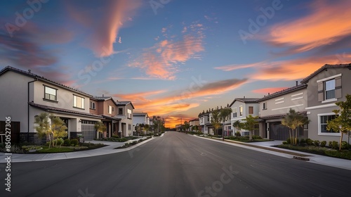 Cul de sac classic dead end street surrounded by luxury two story single family homes in a new residential East Coast USA real estate development neighborhood with dramatic colorful su : Generative AI