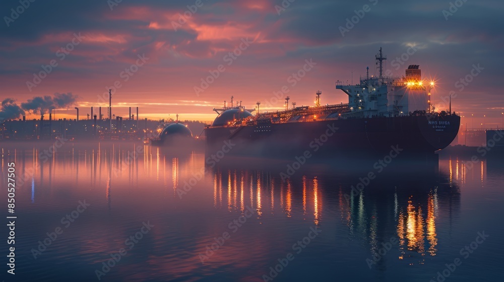 Cargo ship in harbor at sunrise Cargo ship in harbor at sunrise