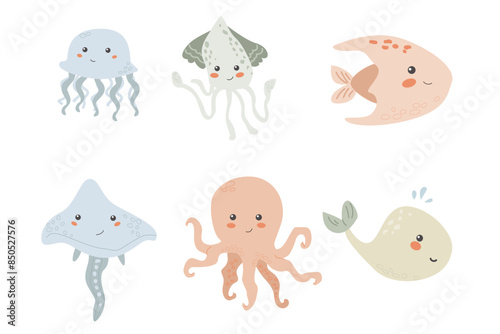 Cute childrens sea animals set. Marine underwater elements collection. Ocean inhabitants set of octopus, whale and other cute characters. Wild aquatic creatures in childish naive hand drawn style.
