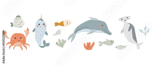 Childrens sea animal background with shell. Nautical elements border. Cute fish or ocean inhabitant with seaweed. Sea wild life, marine animals with plants for cover design, cloth