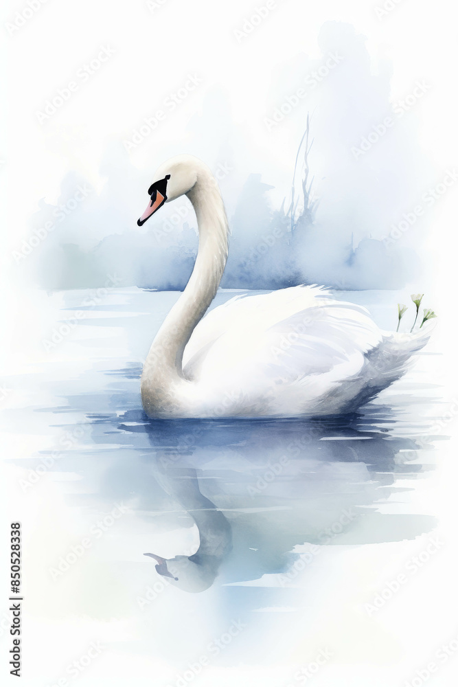 Obraz premium Watercolor painting of a graceful swan gliding gracefully across a tranquil lake.