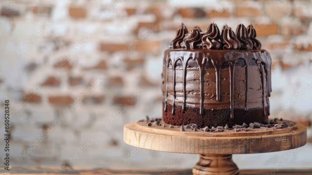 Obraz premium a chocolate cake with decorations on a wooden table against a backdrop of a brick wall, offering ample copy space.