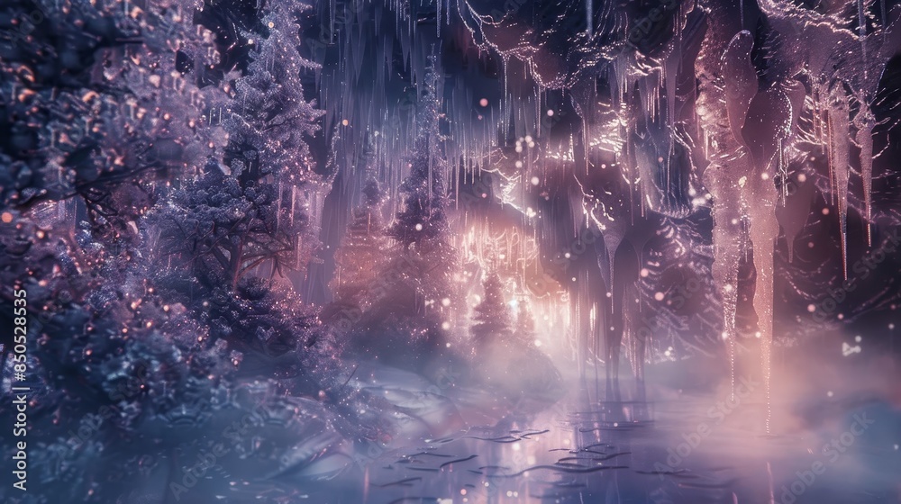 Fototapeta premium Dreamscape of mist and light adorned with icicles and crystals serene winter