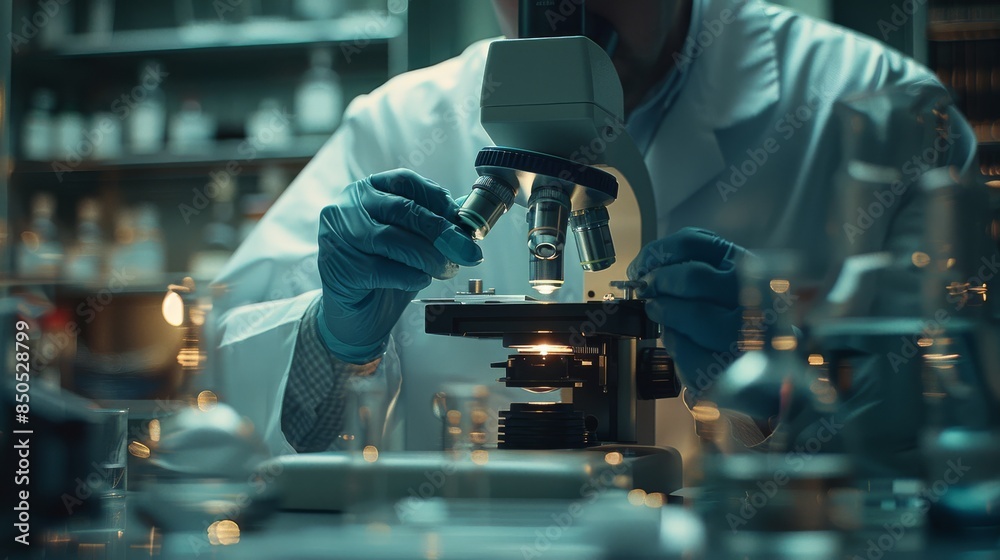 A researcher in a white coat, wearing blue gloves, looking through a microscope, looking at a glass slide, observing, close-up of a hand A researcher in a white coat, wearing blue gloves, looking through a microscope, looking at a glass slide, observing, close-up of a hand