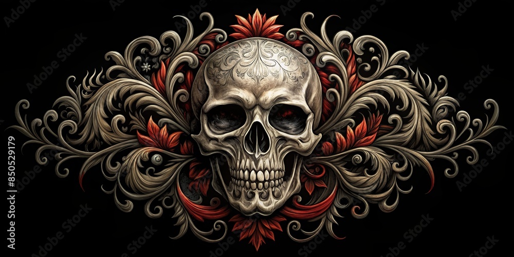 Skull tattoo design with dark art , isolated on black background, skull ...