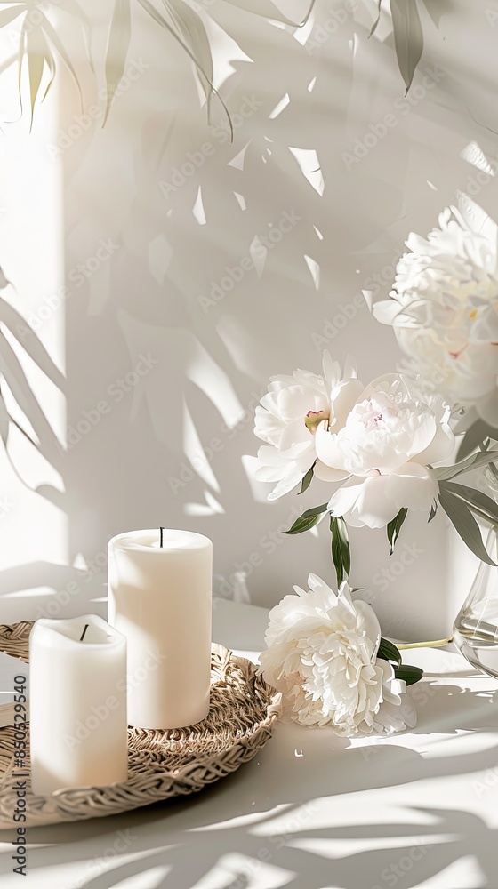 a home interior with peonies in a vase, complemented by a wicker tray with candles and a book against a window backdrop. a home interior with peonies in a vase, complemented by a wicker tray with candles and a book against a window backdrop.