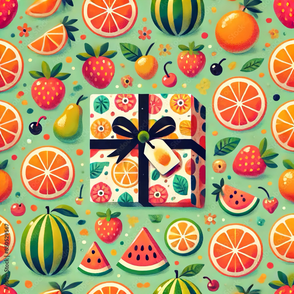 「鮮やかなフルーツとギフトボックスのパターン