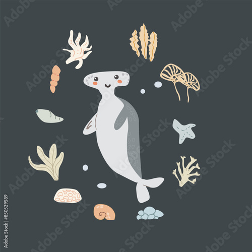 Childrens sea animal background with shell. Nautical elements card. Cute fish or ocean inhabitant with seaweed. Sea wild life, marine animals with plants for cover design, cloth photo