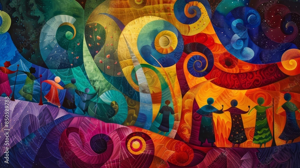 Fototapeta premium Swirling colors and textures lively marketplace with holiday spirit