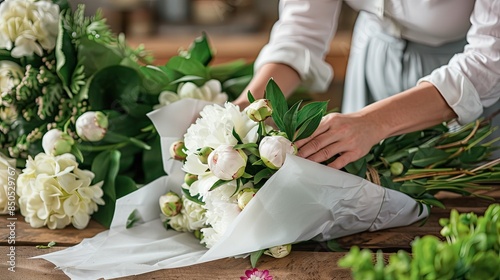 a florist girl creating a bouquet of peonies and hydrangeas, wrapped delicately in white paper, on a rustic wooden table in a close-up shot.