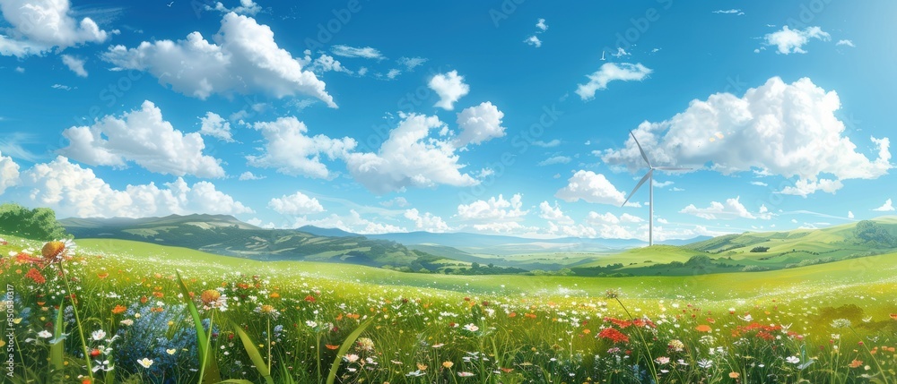 Fototapeta premium Scenic landscape of a lush green meadow on a sunny day with blue sky, white clouds, wildflowers, and a wind turbine in the distance.