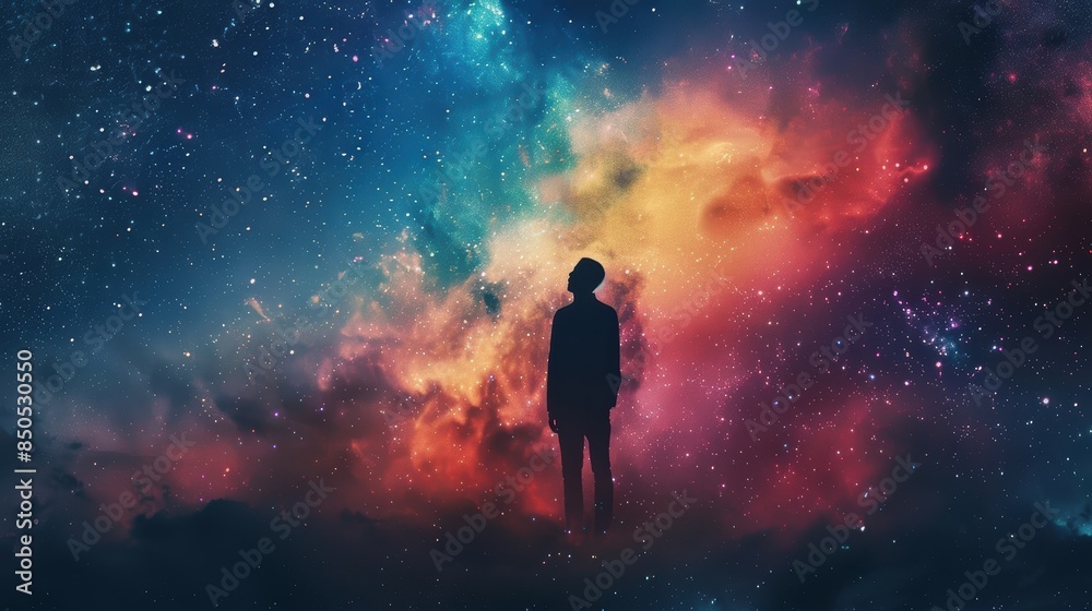 Silhouette of a person standing against a vibrant, colorful cosmic background filled with stars, symbolizing exploration and the universe. Silhouette of a person standing against a vibrant, colorful cosmic background filled with stars, symbolizing exploration and the universe.