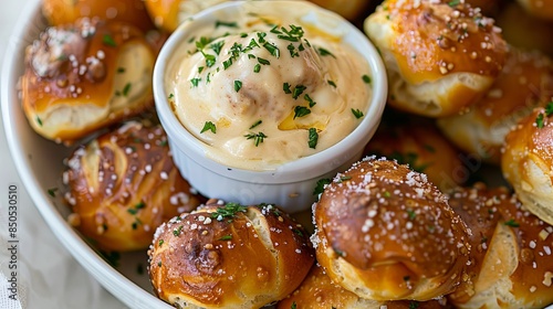 Pretzel Bites with Beer Cheese: Soft, warm pretzel bites served with a rich and creamy beer cheese dipping sauce.