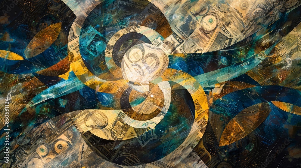 Swirling ribbons of light and shadow weave a tapestry of monetary symbols backdrop Swirling ribbons of light and shadow weave a tapestry of monetary symbols backdrop