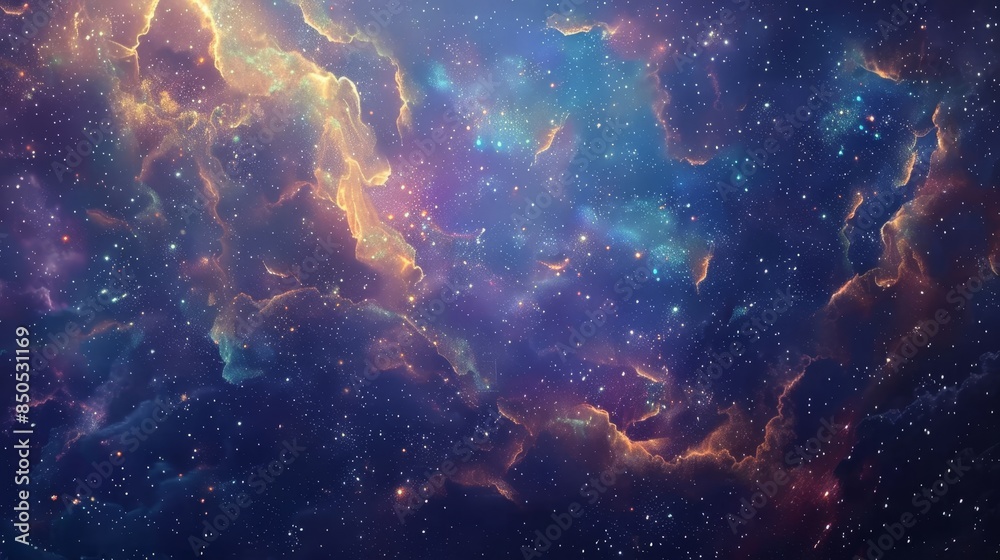 Fototapeta premium Nebulous clouds and stars with currency symbols scattered across the cosmos backdrop