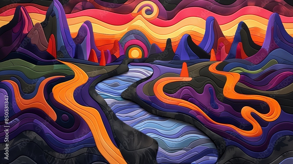 Obraz premium Vibrant Abstract Landscape with Wavy Layers and Mountains in Bold Colors 