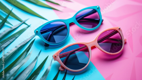 Trendy different colored summer glasses on colorful background, commercial use © Rabil